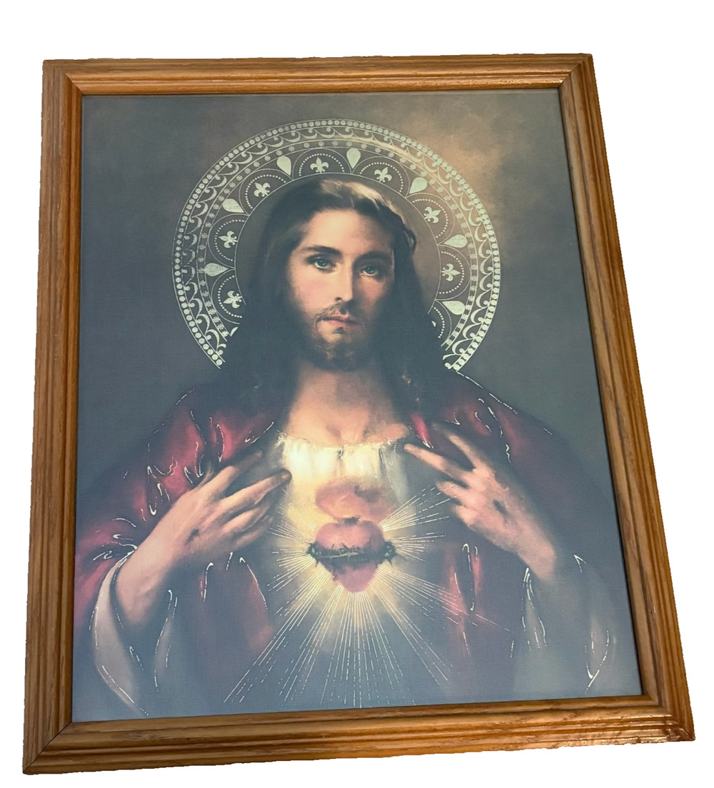 Vintage Sacred Heart Of Jesus Framed Print Catholic Religious Wall Art 18” X 14”